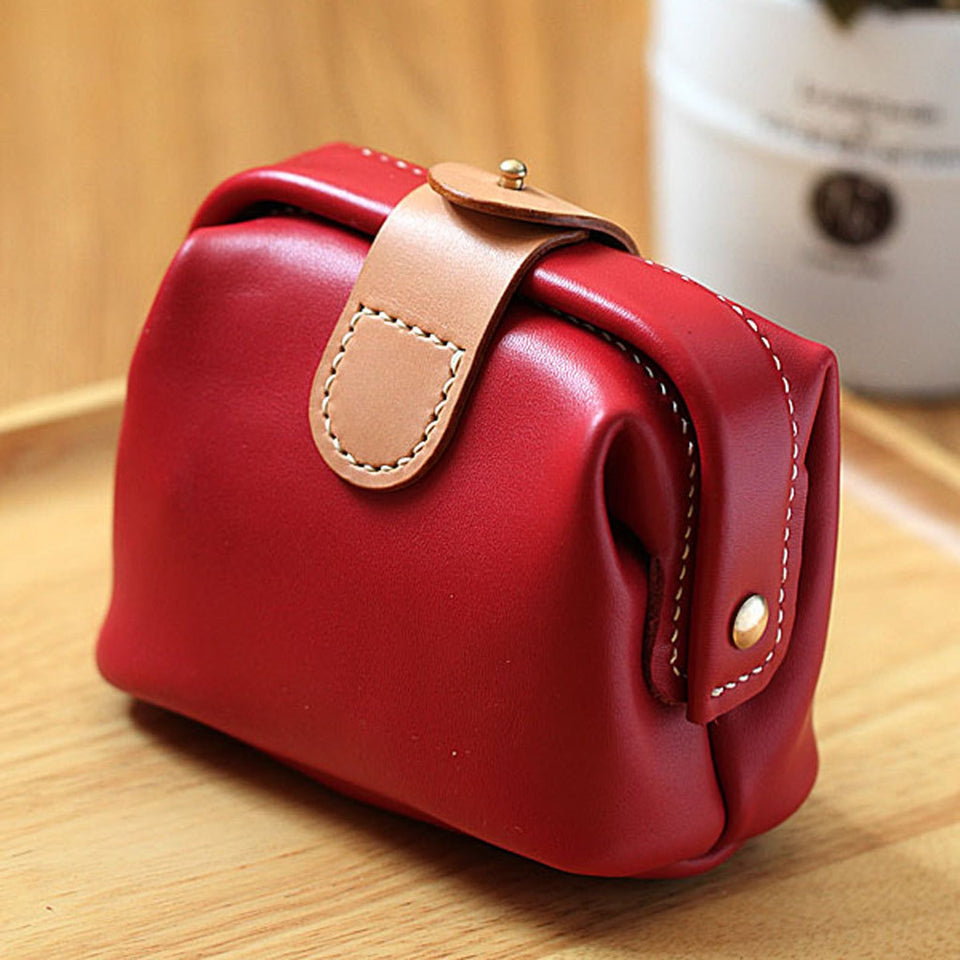 Handmade Cute Ruby Travel Makeup Bag for Women Veg-Tanned Leather Small Beauty Cosmetic Bag