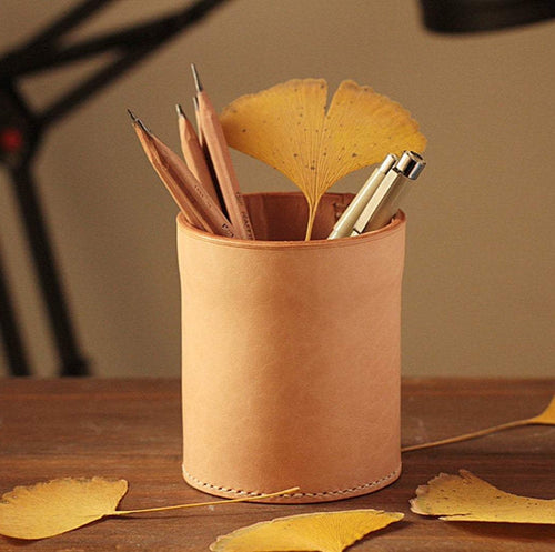 MerrySix Crafts Handmade Cute Natural Pen Holder Organizer Veg-tanned Leather Pencil Case Pen Container