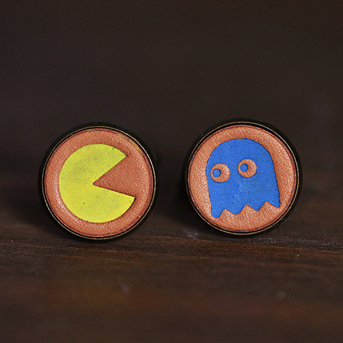 Pac-Man Doodle Handcrafted Leather Men's Cufflinks