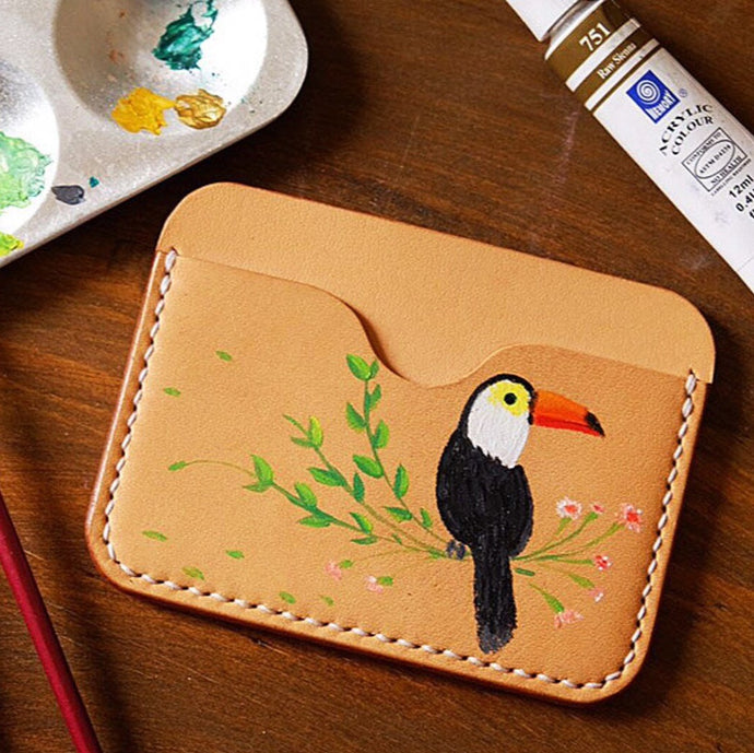 MerrySix Crafts Hand Drawing Hornbill Bird Card Holder Handmade RFID Leather Business Card Case Wallet