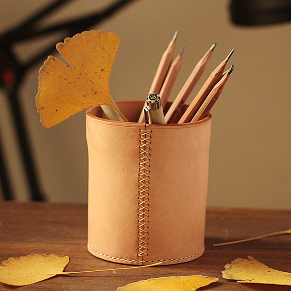 Handmade Cute Pen Holder Organizer Veg-tanned Leather Desk Pencil Case Pen Container