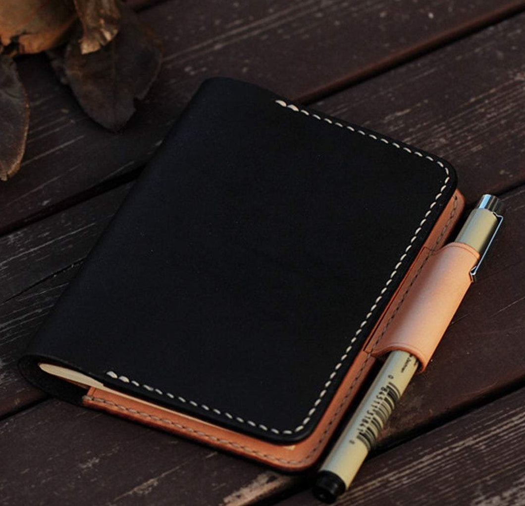 MerrySix Handmade Veg-tanned Leather Black Field Note Book Cover Journal Dairy