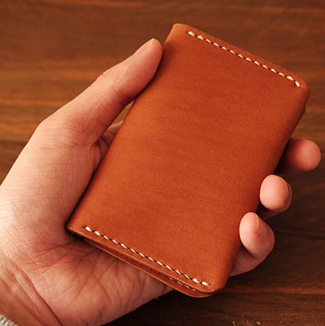 MerrySix Crafts Handmade Reddish Brown Card Holder Case RFID Leather Business Card Holder Wallet for Men & Women
