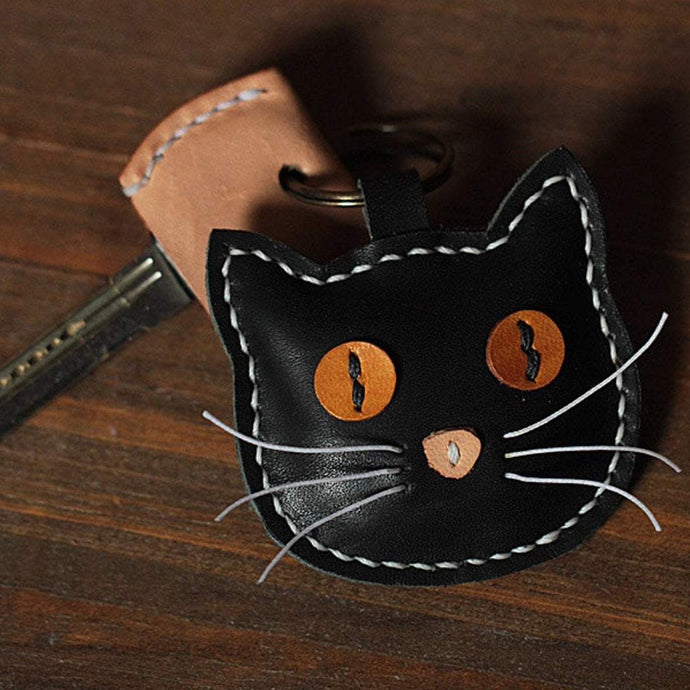 MerrySix Crafts Handmade Cute Cat Key Chain Veg-Tanned Leather Personalized Animal Bag Charm