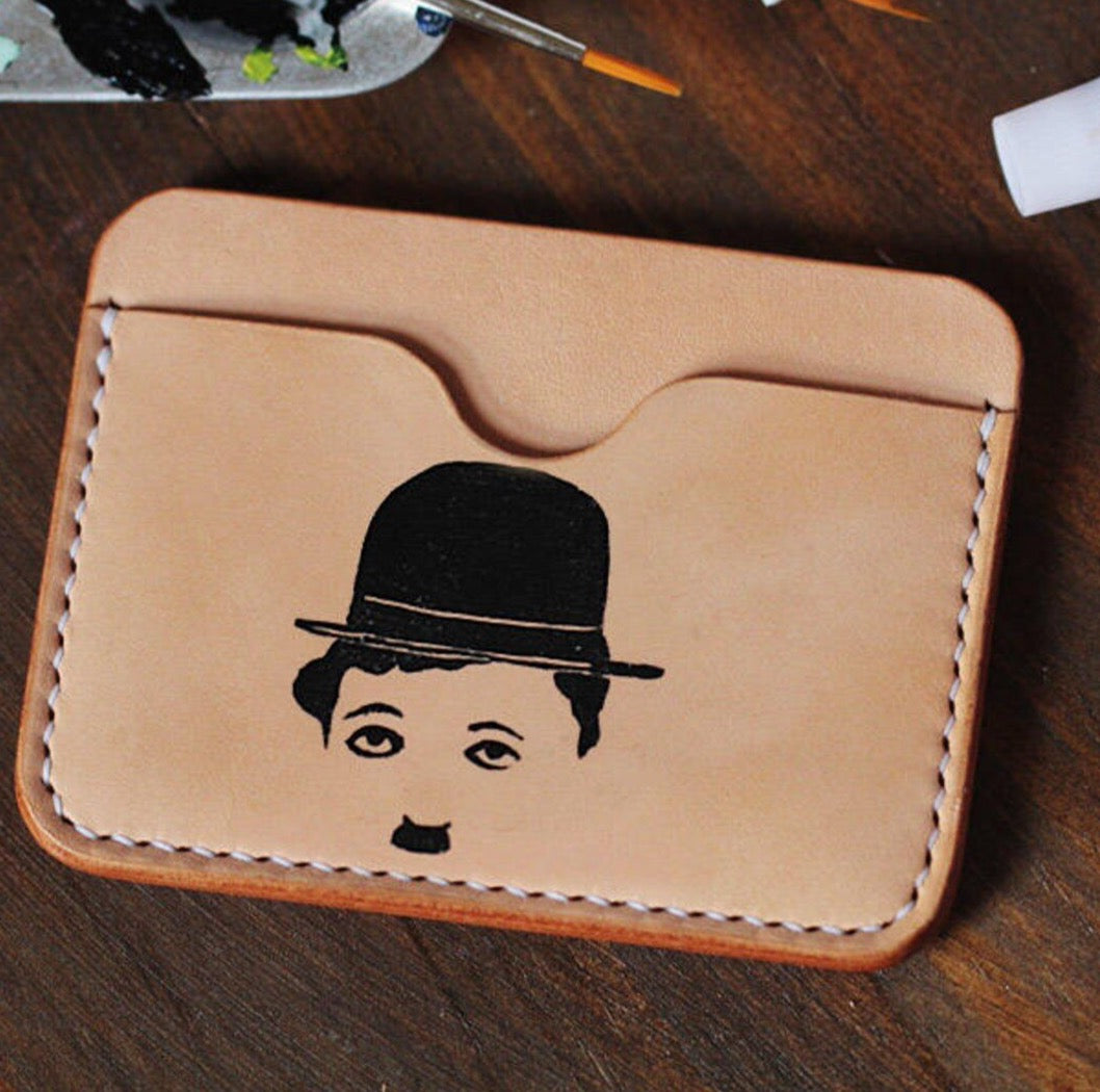 MerrySix Crafts Hand Drawing Charlie Chaplin Card Holder Handmade RFID Leather Business Card Case Wallet