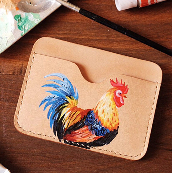 MerrySix Crafts Hand Drawing Lovely Cock Card Holder Handmade RFID Leather Business Card Case Wallet