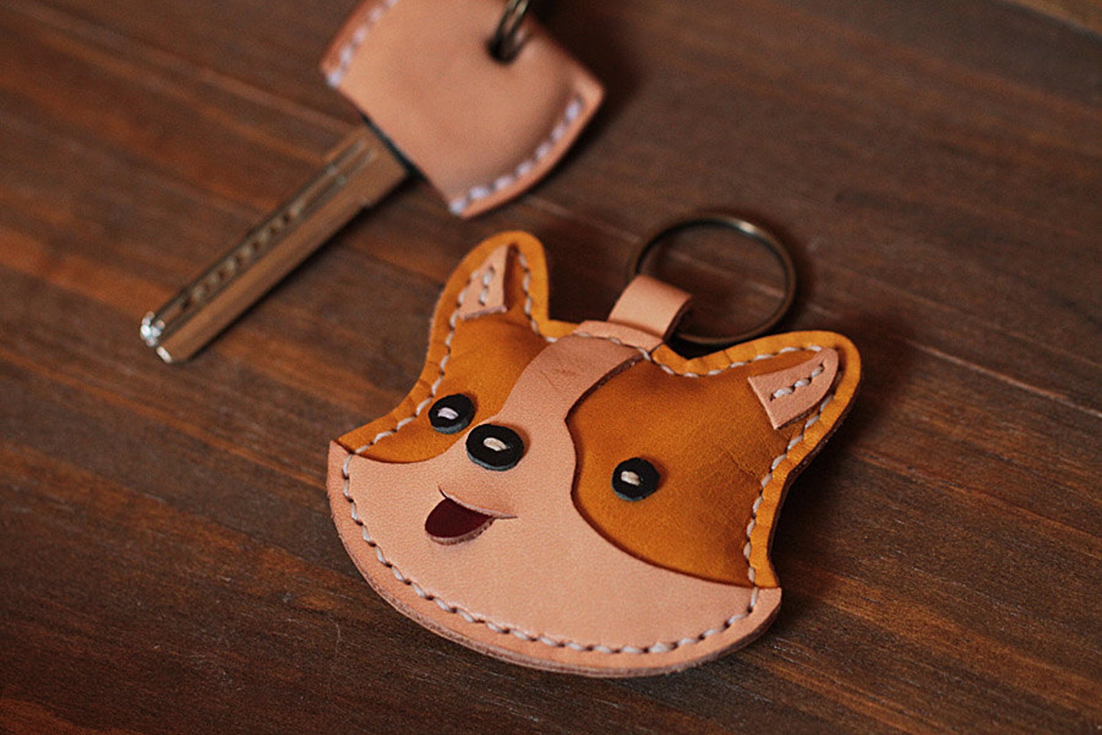 Customized Handmade Leather Corgi Dog Keychain