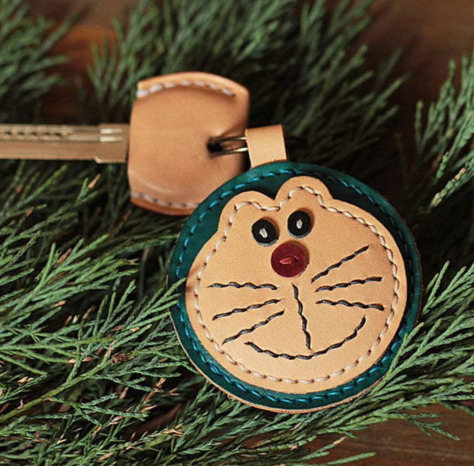 MerrySix Crafts Handmade Cute Doraemon Key Chain Veg-Tanned Leather Personalized Animal Bag Charm