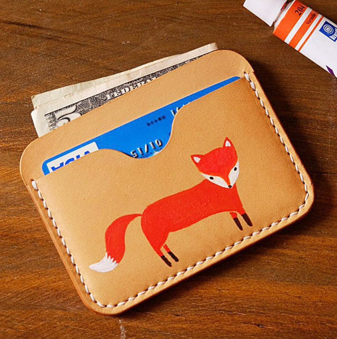 MerrySix Crafts Hand Drawing Cute Fox Card Holder Handmade RFID Leather Business Card Case Wallet