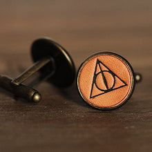 Load image into Gallery viewer, Harry Potter Deathly Hallows Symbol Handcrafted Leather Men&#39;s Cufflinks
