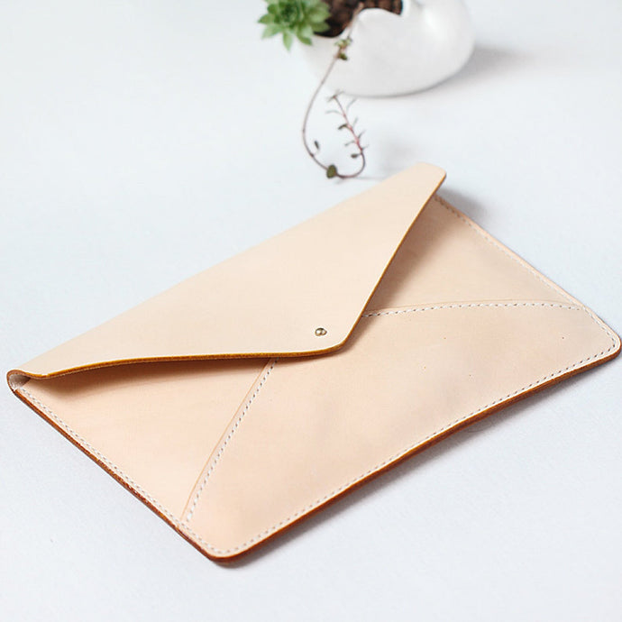 MerrySix Crafts Handmade Natural Color iPad mini Case Clutch Bag, Veg-tanned Leather Women Wallet Slim Envelope Purse