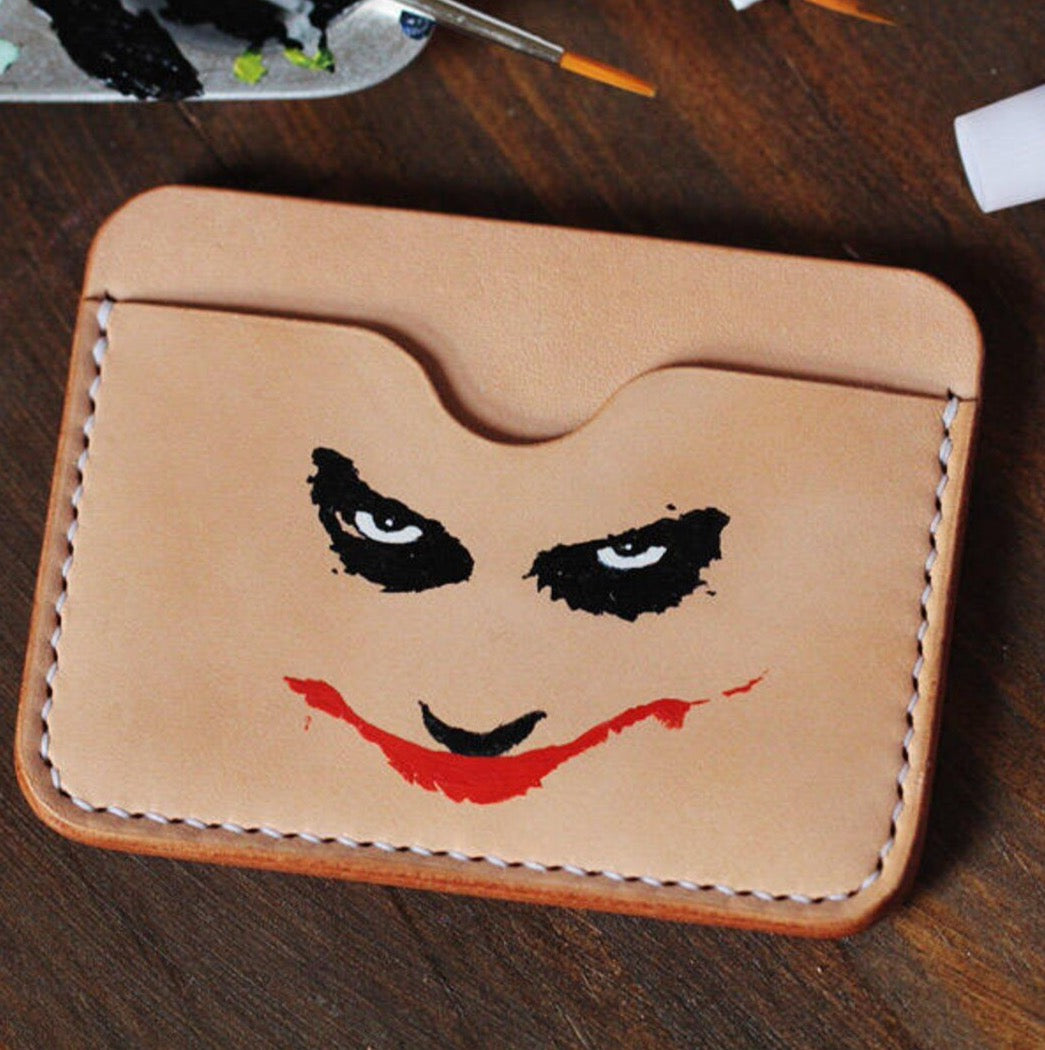 MerrySix Crafts Hand Drawing Joker Card Holdeår Handmade RFID Leather Business Card Case Wallet