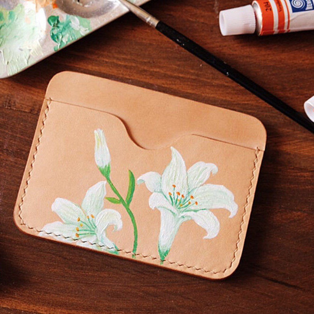 MerrySix Crafts Hand Drawing Lily Flower Card Holder Handmade RFID Leather Business Card Case Wallet