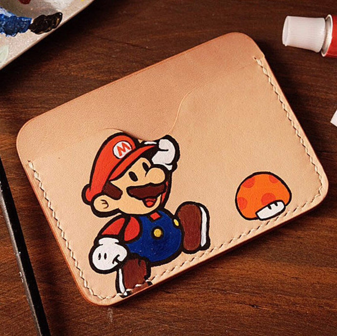 MerrySix Crafts Hand Drawing Mario Card Holder Handmade RFID Leather Business Card Case Wallet