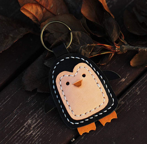MerrySix Crafts Handmade Cute Penguin Key Chain Veg-Tanned Leather Personalized Animal Bag Charm
