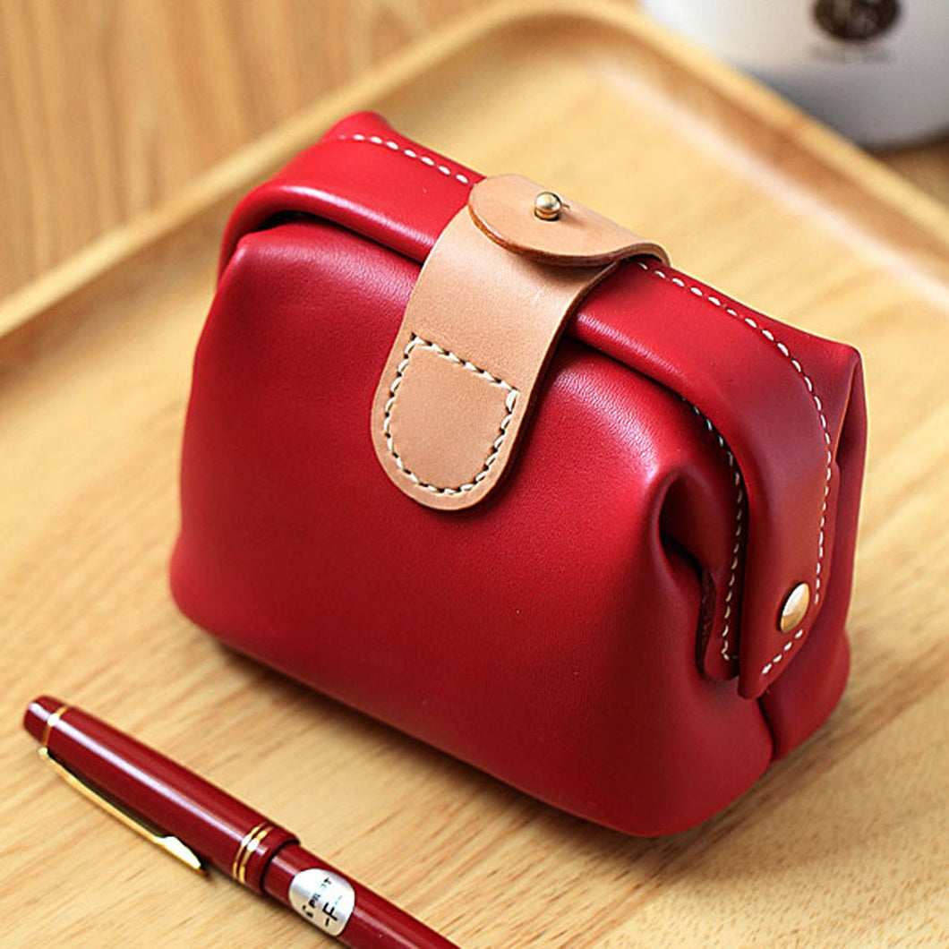 MerrySix Crafts Handmade Cute Ruby Travel Makeup Bag for Women Veg-Tanned Leather Small Beauty Cosmetic Bag