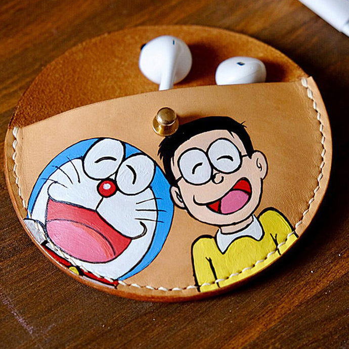 MerrySix Crafts Handmade Veg-tanned Leather Cute Wire Organizer Doraemon Coin Purse